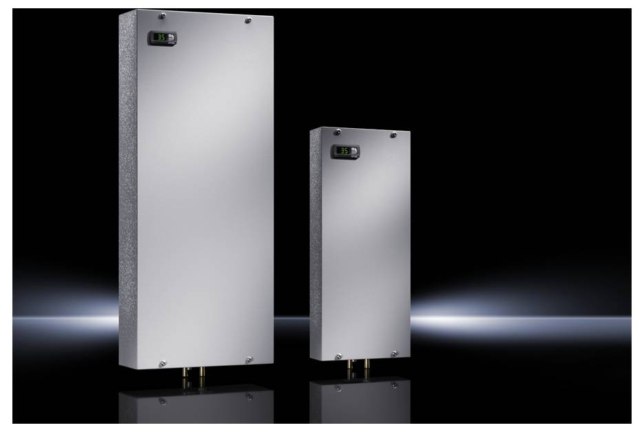 Two rectangular, metallic wall-mounted units with digital displays, placed against a dark background. One unit is larger than the other.