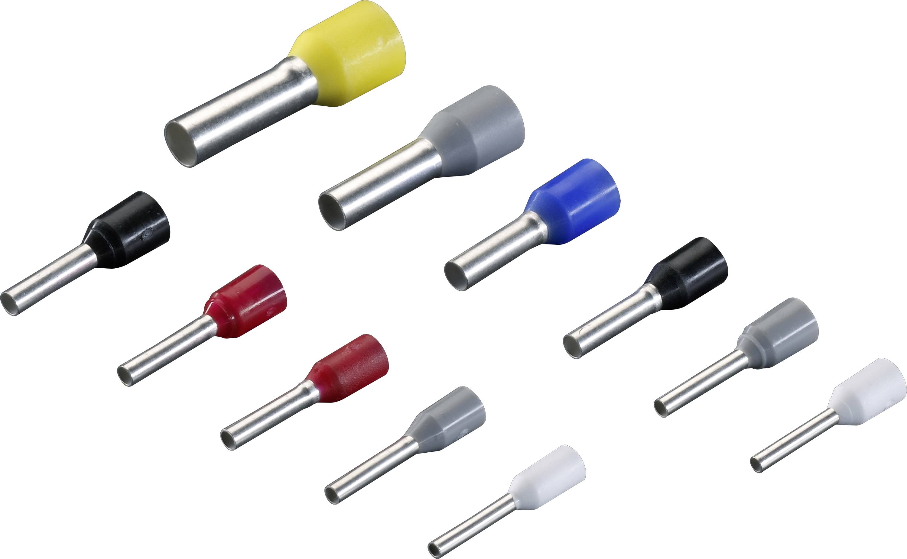 A variety of wire ferrules in different sizes and colors, including yellow, gray, blue, black, red, and white, displayed on a white background.
