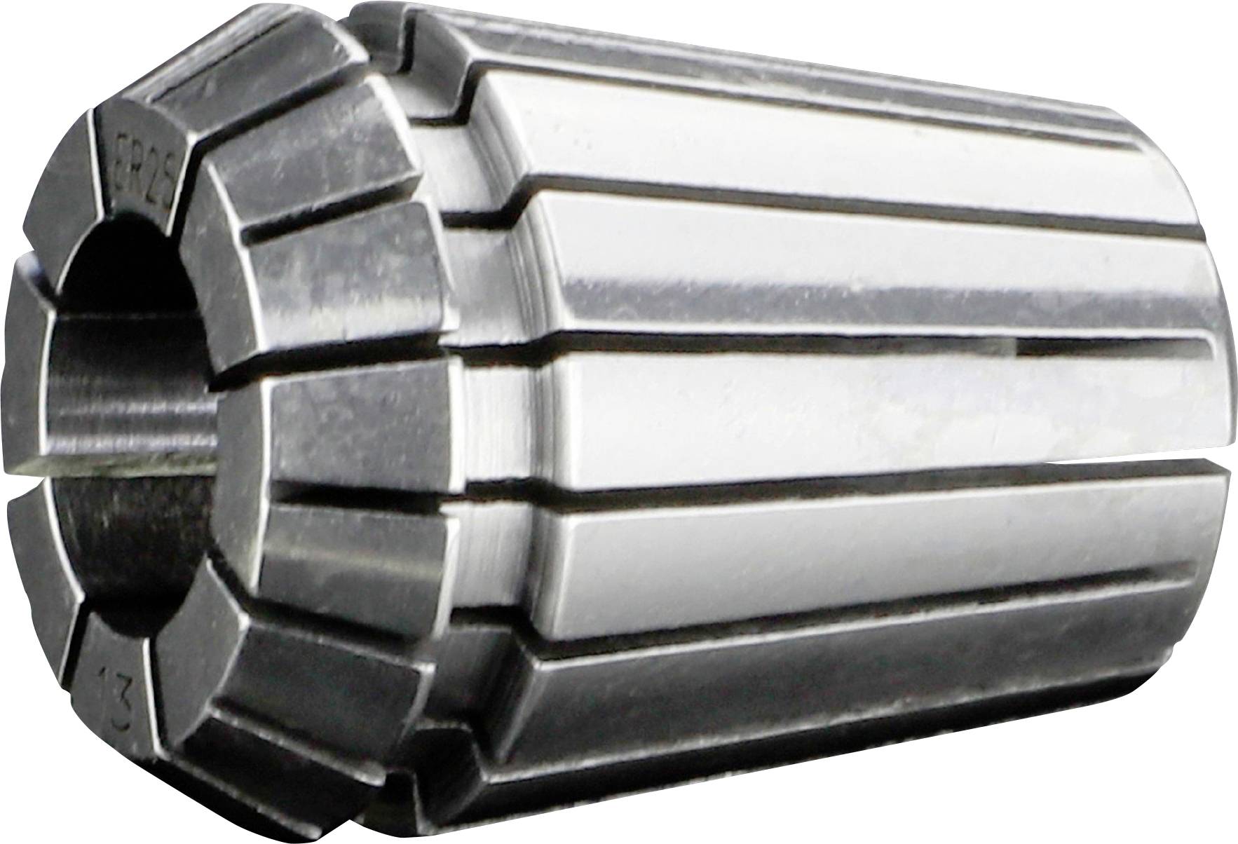 'A metal collet, designed for clamping devices, featuring multiple slits for flexibility and secure gripping, displayed on a white background.'