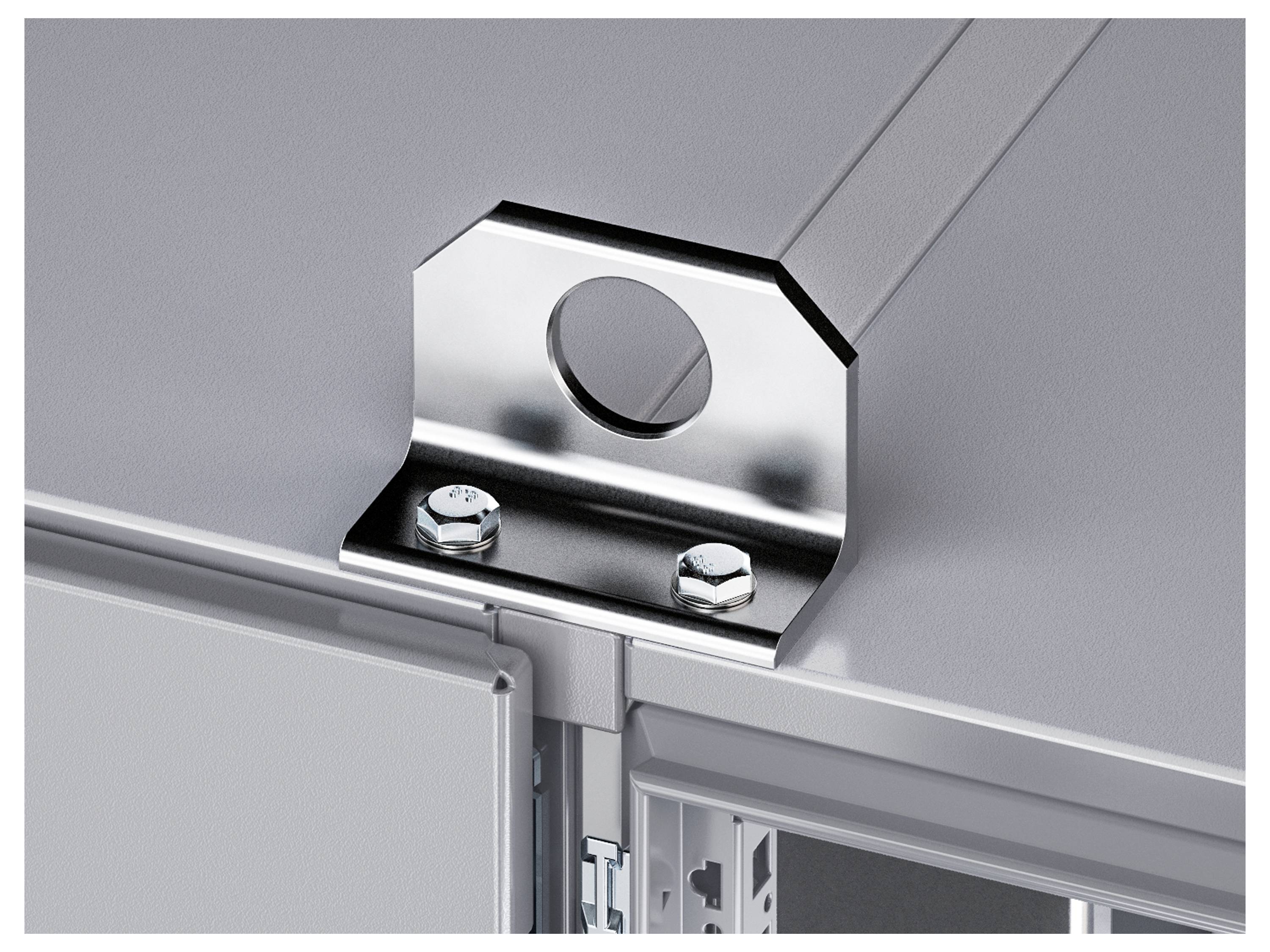 'Top mounting bracket on a metal surface with two screws securing it, used for structural support or equipment installation.'