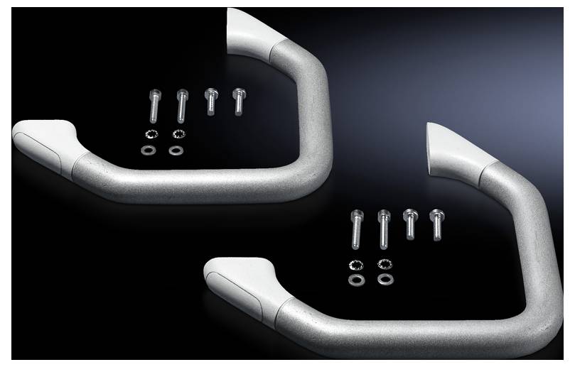 Two silver handles with white tips are placed side by side. Each handle is accompanied by three silver screws and matching washers.