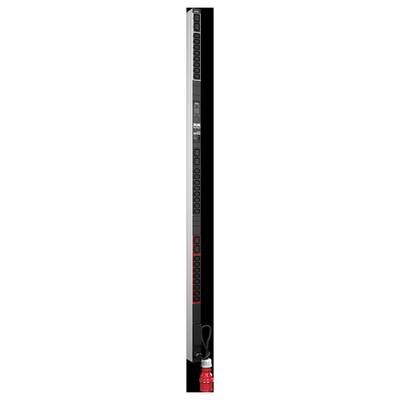 A vertical electric heater with a modern design features a slim profile, red and black color accents, and a visible control panel at the top.