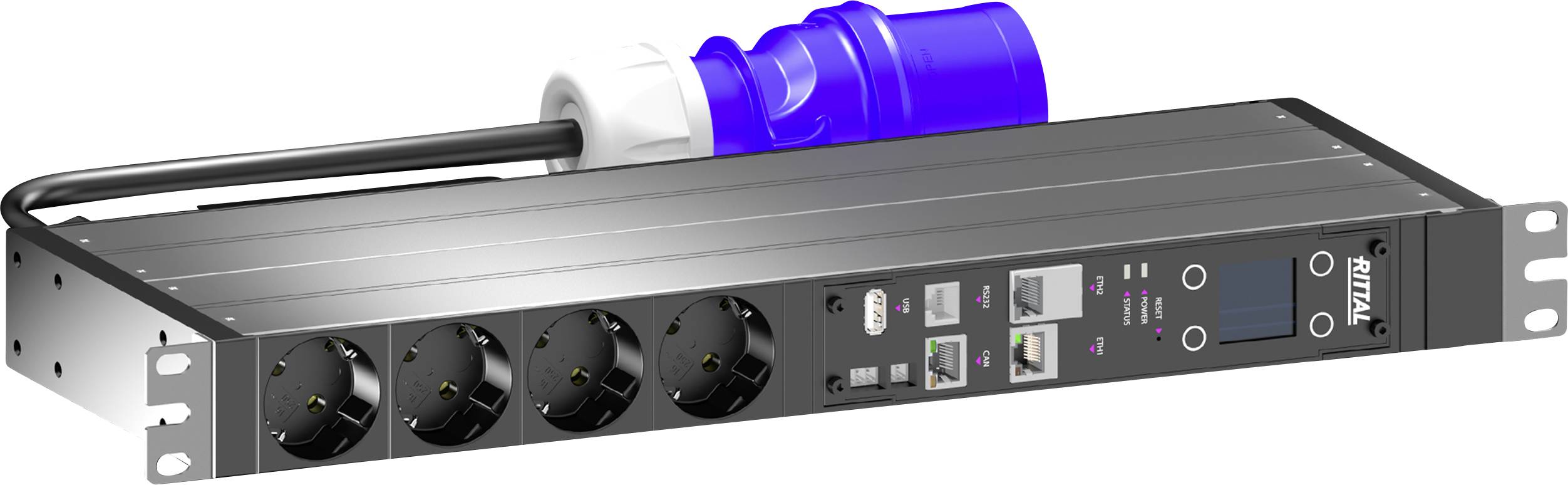 A black power distribution unit with four circular sockets on the front, multiple network ports, and a blue plug attached at the back.