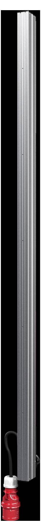 A long, vertical, silver metallic pole with a red base attached, possibly a part of a larger structure or device.