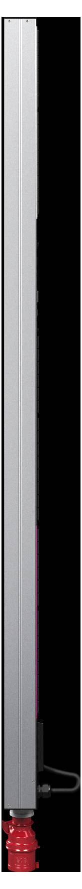 A sleek, modern tower speaker with a metallic finish and a red base.