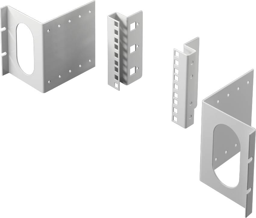 Two mounting brackets with multiple holes, featuring an oval cutout in one bracket. Used for supporting or attaching objects.