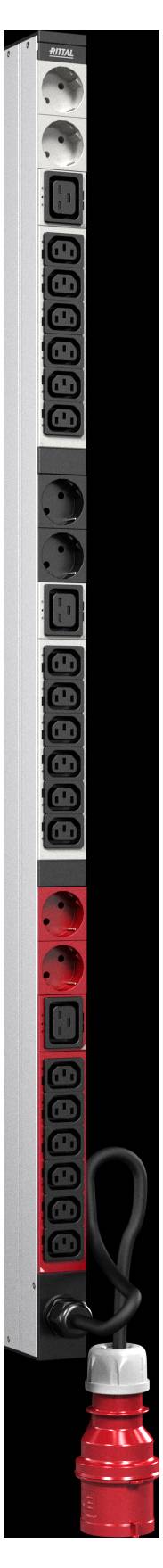 Vertical power distribution unit with multiple outlets, including red and black sockets, and a red connector at the bottom for high-power devices.