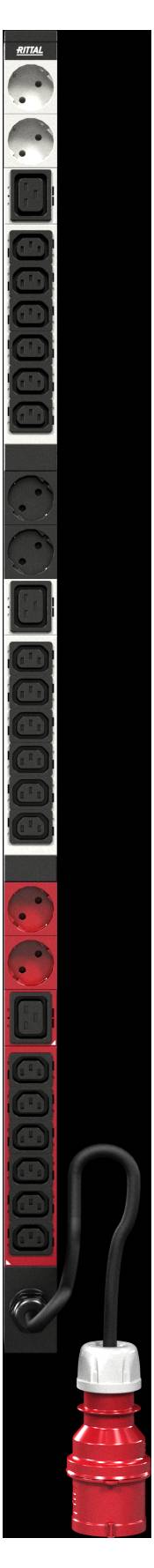 A vertical power strip with multiple sockets and a red switch, featuring a black power cable and a standard plug attached at the bottom.