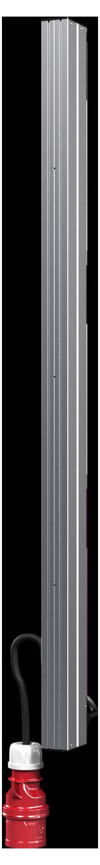 A close-up of a tall, vertical metallic machine with a red component at the bottom, connected by a black cable.