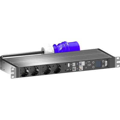 A power distribution unit with multiple sockets and a digital display, connected to a large blue plug.