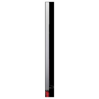 A red button on a vertical metallic rail against a black background.
