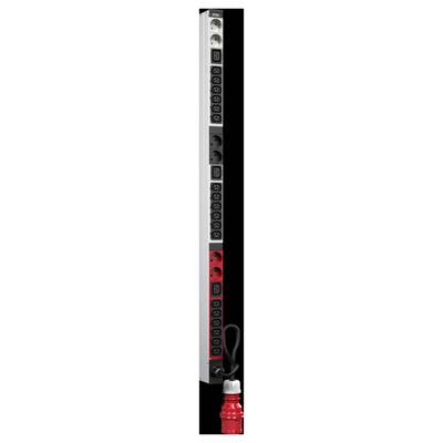 A vertical row of power outlets, mixing black and red sockets, with a large red plug at the bottom, suitable for industrial use.