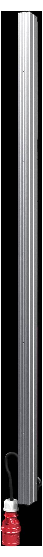 A tall, slim, metallic gray tower with a small red and black object at the base, set against a plain black background.