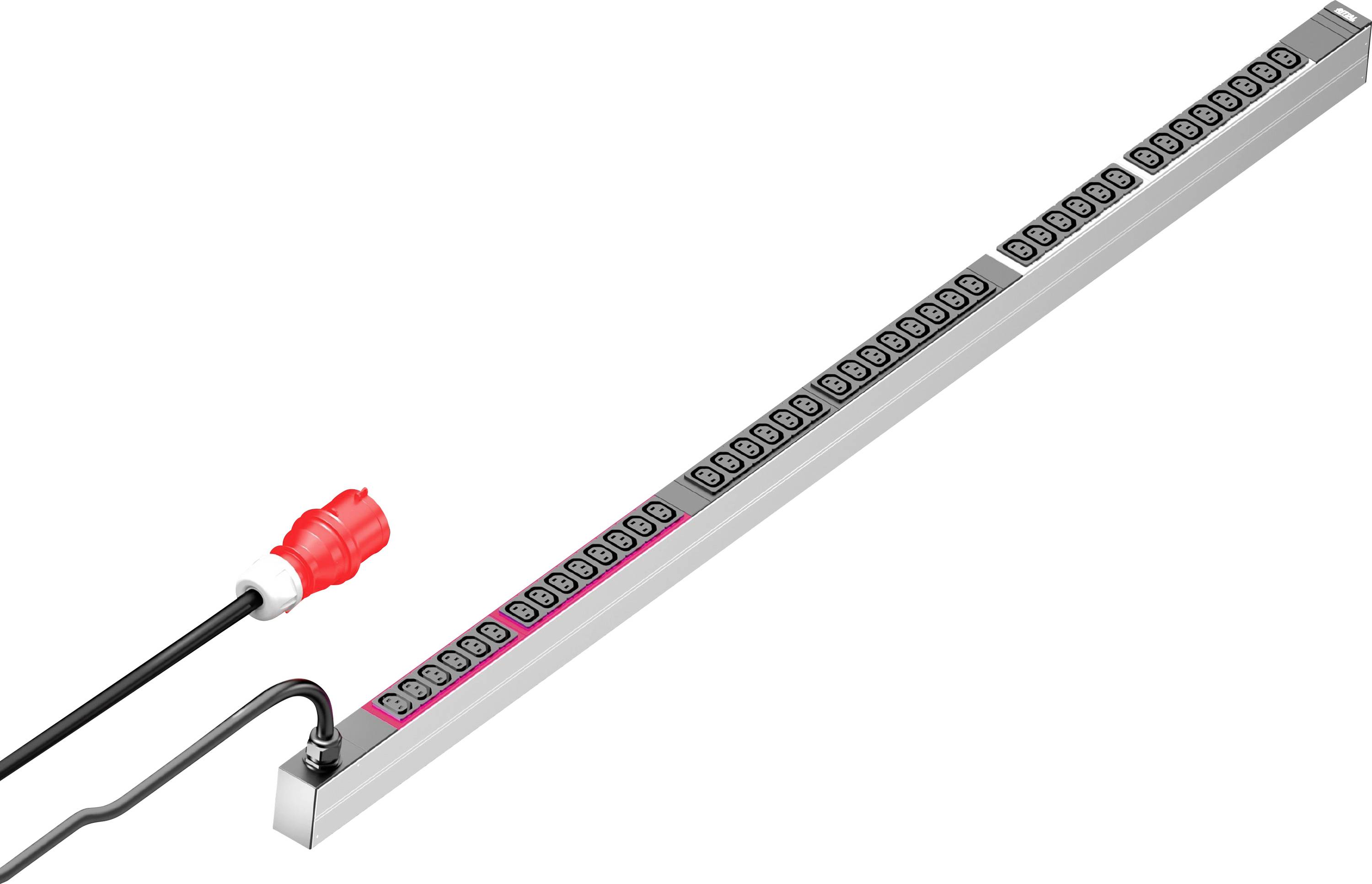 A long metallic object with numbered slots, connected to a red plug on a black cable, possibly part of an electrical or technical setup.
