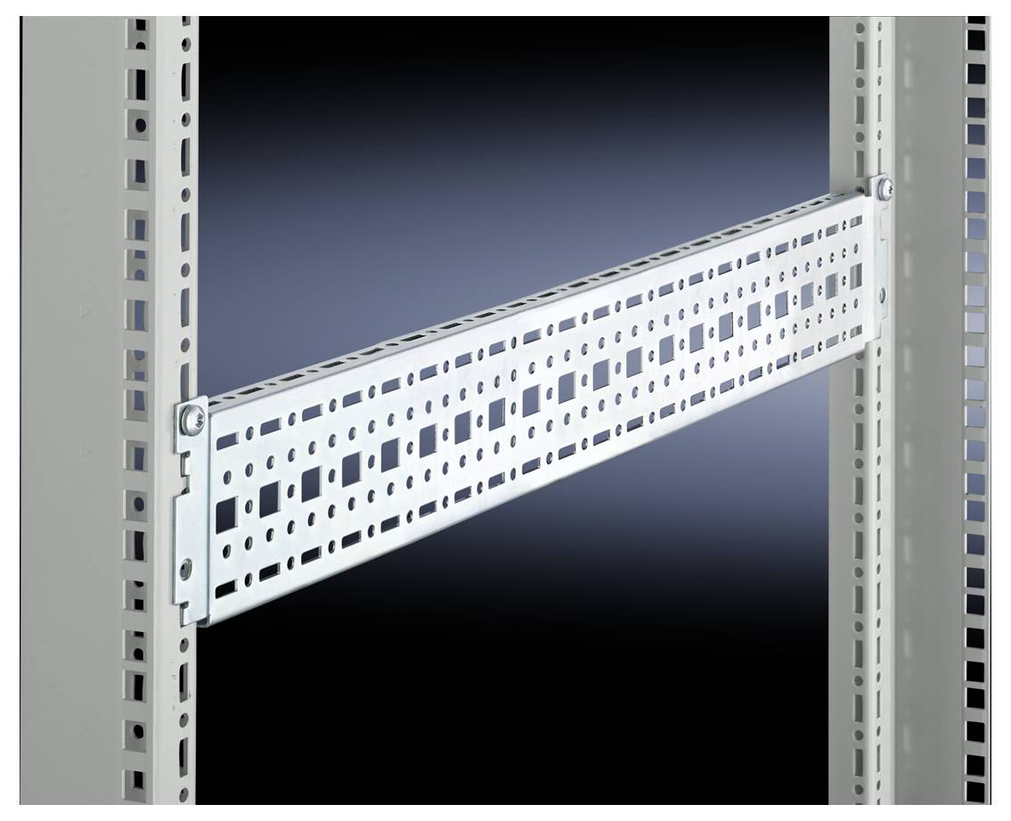 A metal bracket with perforated holes is installed horizontally between two vertical metal supports against a dark gradient background.