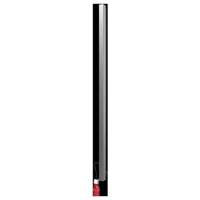 A tall, metallic vertical object with a small red component at the bottom, possibly a protective cap.