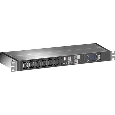 'Rack-mounted power distribution unit with multiple sockets and a control panel on the front, used for managing electrical power distribution.'