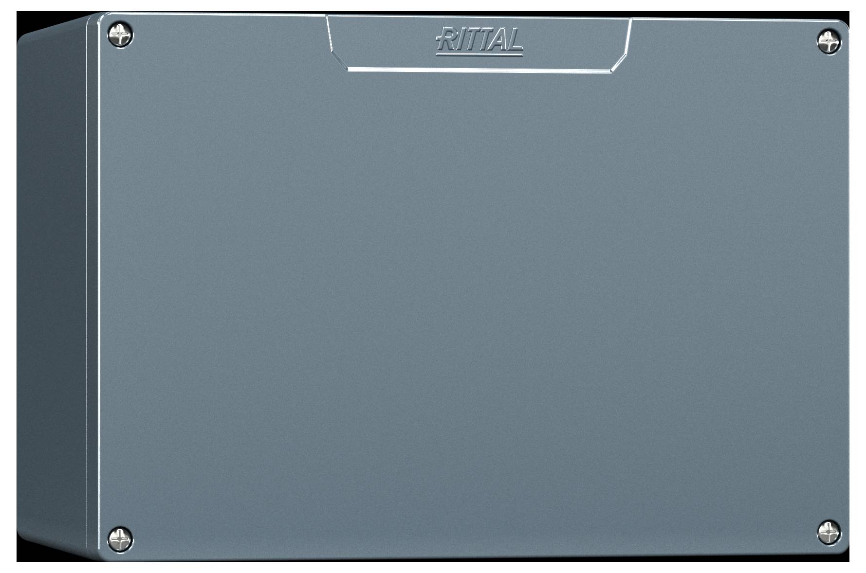 Rectangular, metallic gray enclosure box with screws at the corners and the word 'Rittal' embossed at the top center.