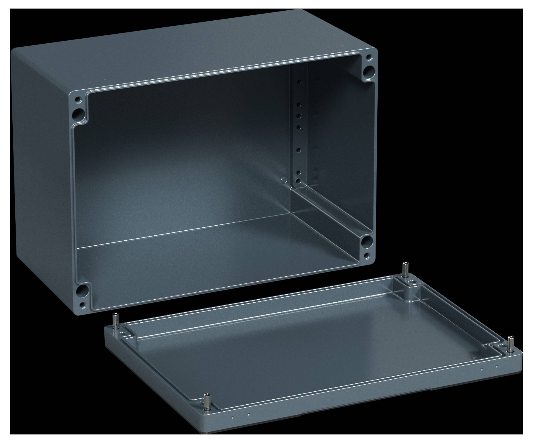 A dark grey metal enclosure with a detached lid, featuring mounting holes on the sides and corners, designed for electronic components.