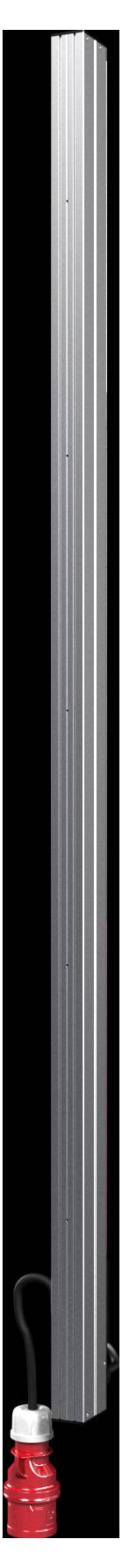 A tall, slender silver metal pole with a red base, standing vertically on a black background.