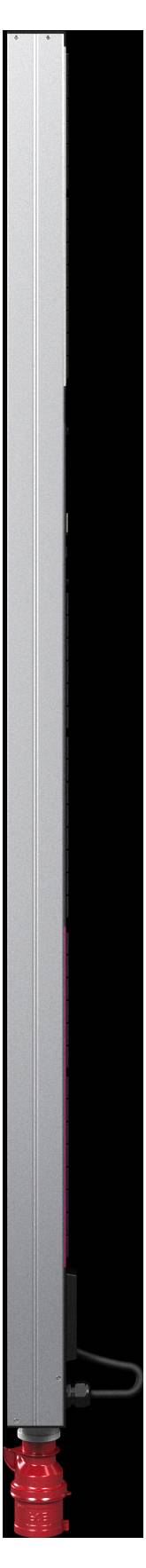 A vertical clothes iron with a sleek silver-gray design and red base, standing upright against a black background.