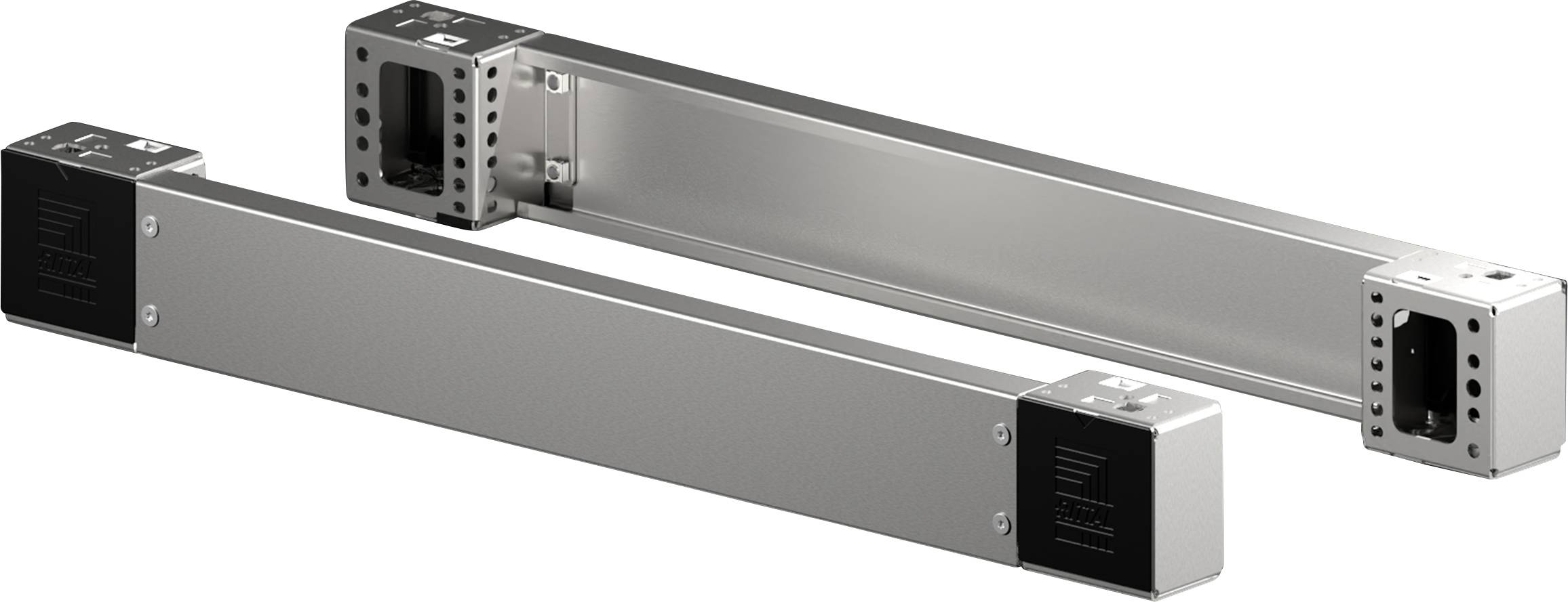 Two metallic linear actuators are positioned diagonally with black end caps and multiple bolt holes visible, used for precise movement.