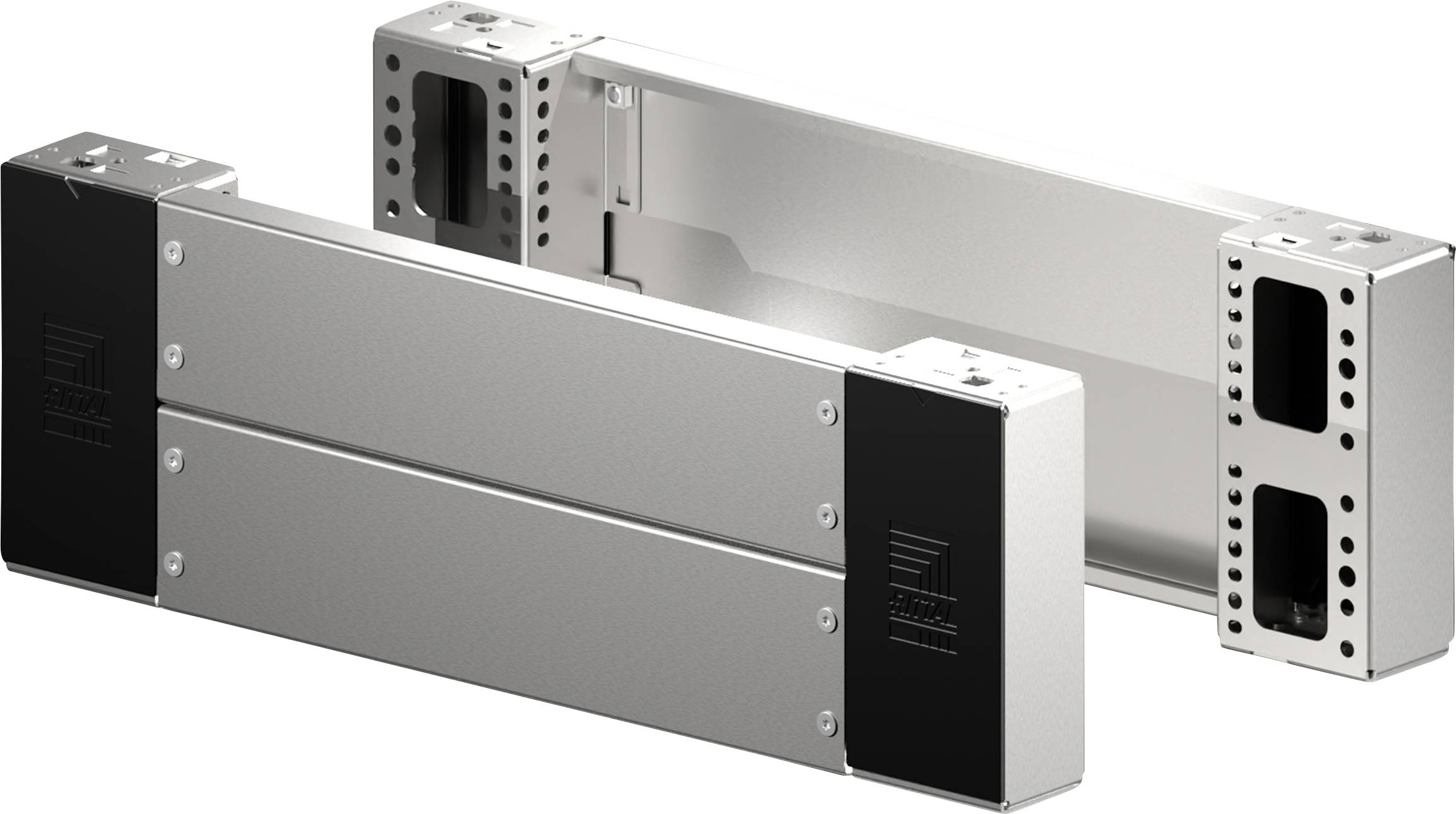 'Two metallic linear motion components with black end caps, featuring mounting holes and sleek design for industrial applications.'