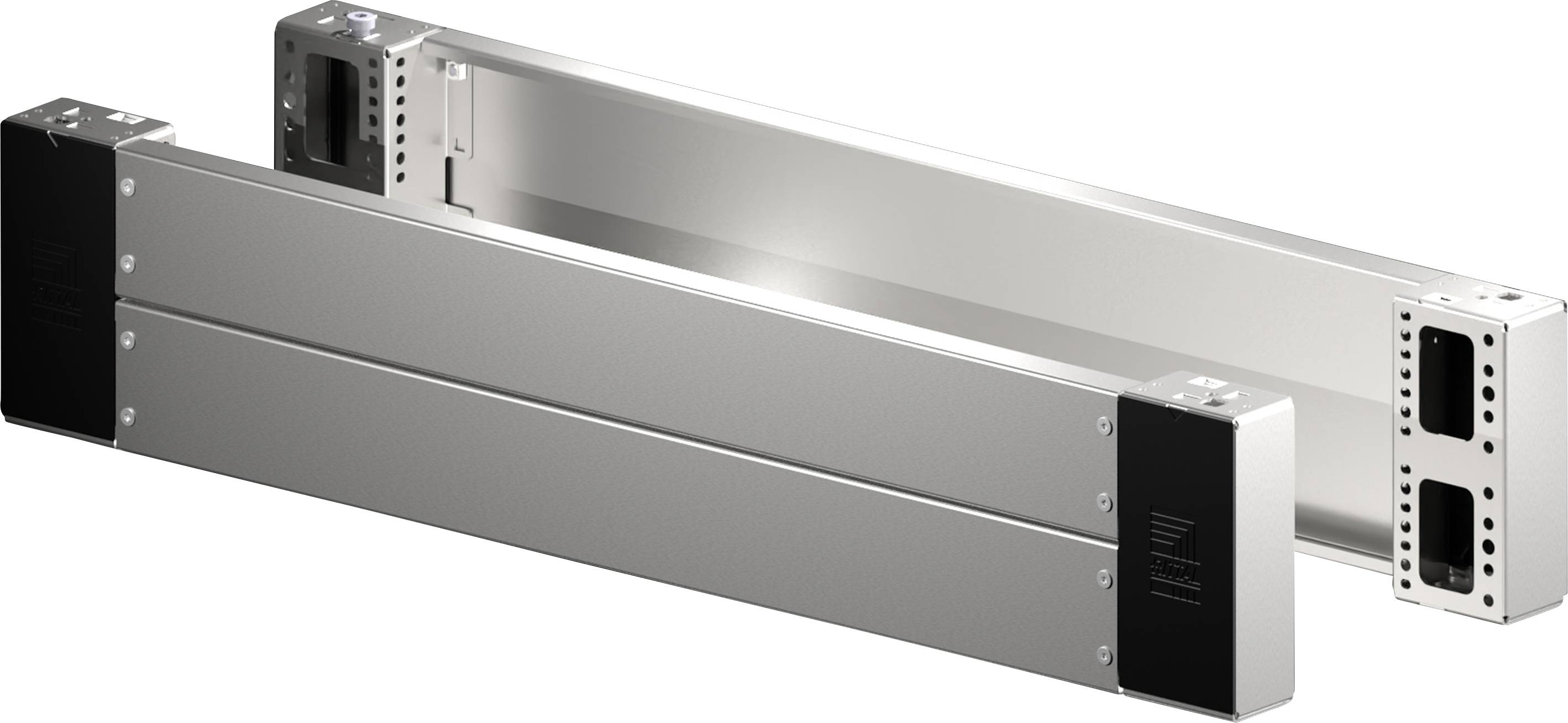 Two metal linear motion guides with black end blocks, showing smooth and precise engineering components, used in automation systems.