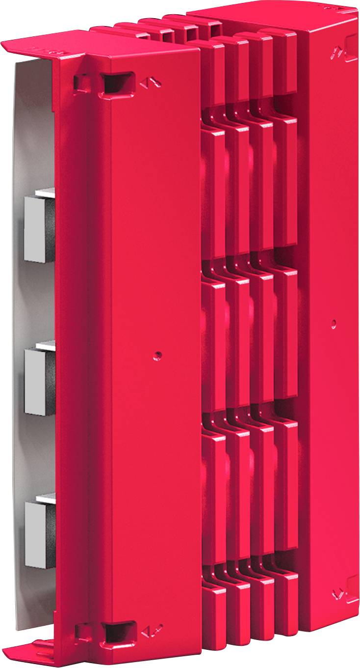 A red industrial heat sink with multiple metallic fins designed for efficient heat dissipation.