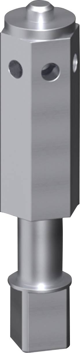 A metal hexagonal pin with holes through the sides, likely used for mechanical or structural purposes.