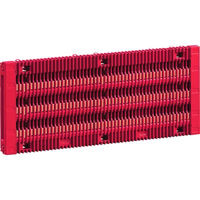 A red, rectangular, plastic construction toy piece with multiple interlocking ridges and slots for connecting with other pieces.