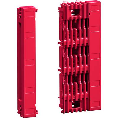 Two red plastic components, one closed and one open showing intricate interlocking mechanisms inside.