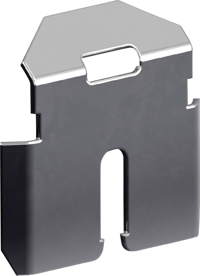 A metallic, angular clip with a top slot for hanging, featuring an open lower section. Commonly used for organizing or displaying items.