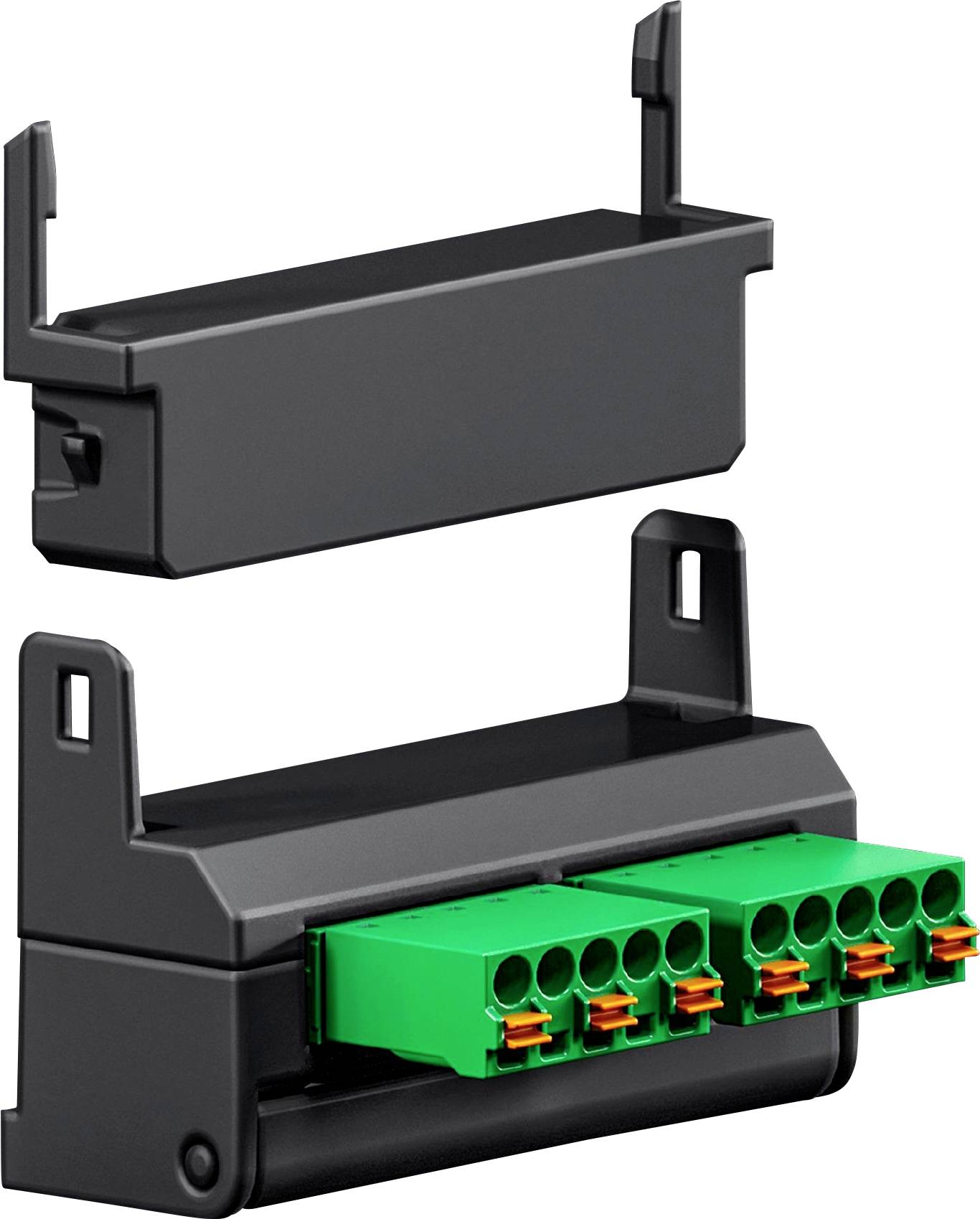 A black electrical connector with multiple green terminals, designed for mounting, shown partially assembled with clips visible.