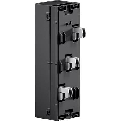 A black rectangular electrical component with three protruding metal clips on one side, used for mounting or connecting devices.