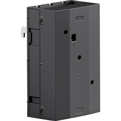 A black electrical enclosure component with multiple holes, a latch on the side, and branding on the surface, likely for industrial use.