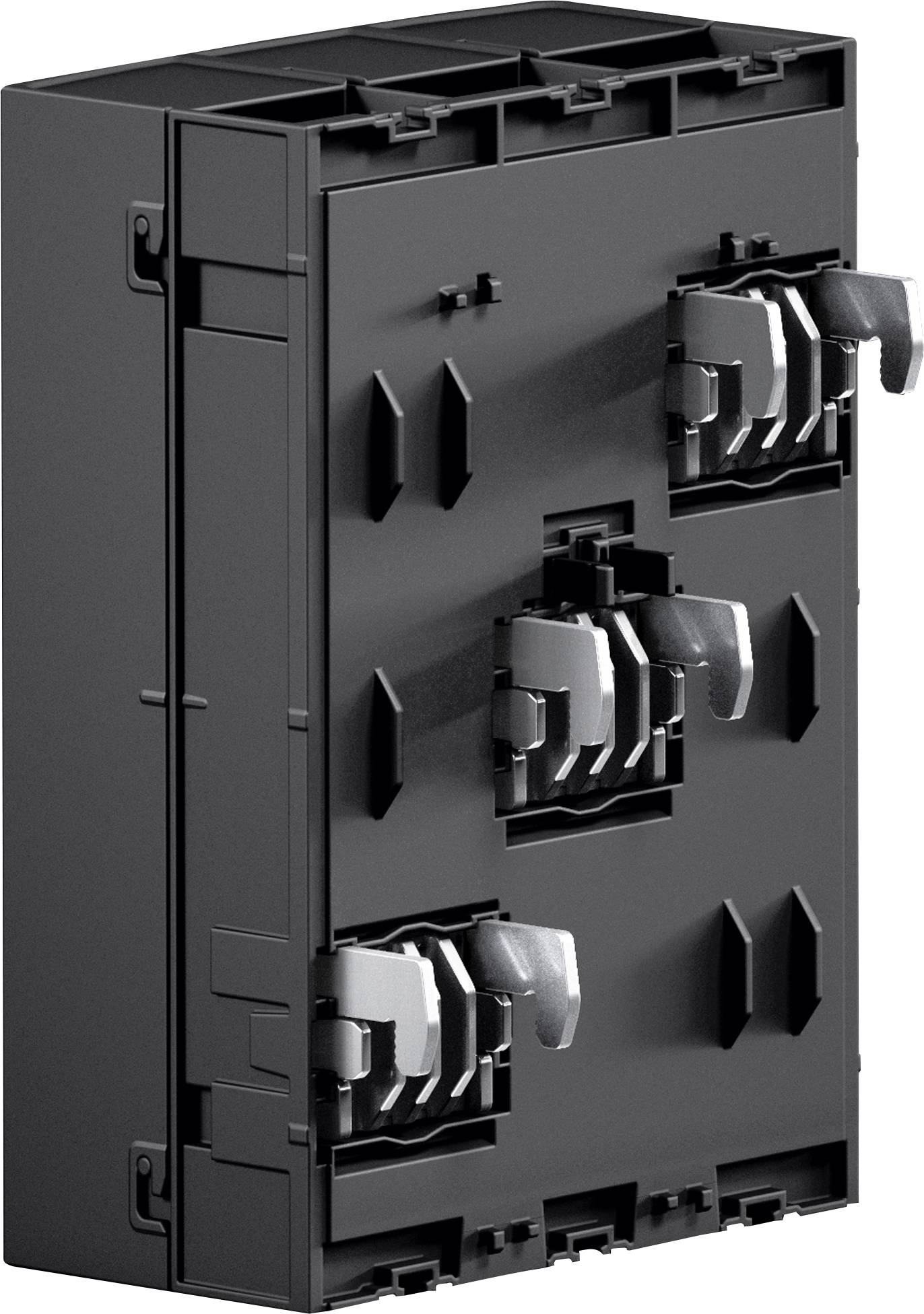 A black electrical enclosure box with multiple connectors and latches, used for housing and organizing electrical components.