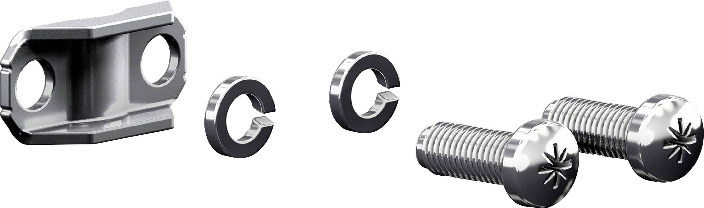 Metal components, including a bracket with two holes, two C-clips, and two screws with star-shaped heads, likely used for securing parts.