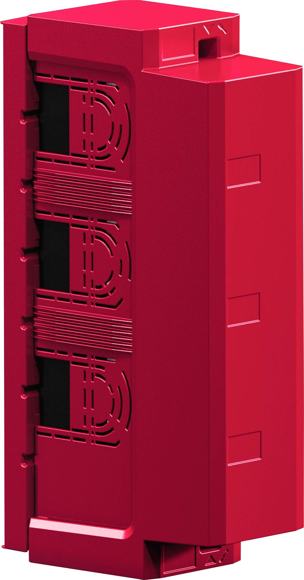 Red, rectangular electronic module with ventilation patterns and geometric details on its side, used in industrial electronic systems.