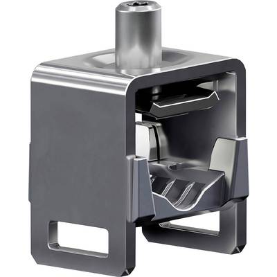A metallic component with a cylindrical top and open, box-like structure featuring slots and angled surfaces, possibly for mechanical assembly.