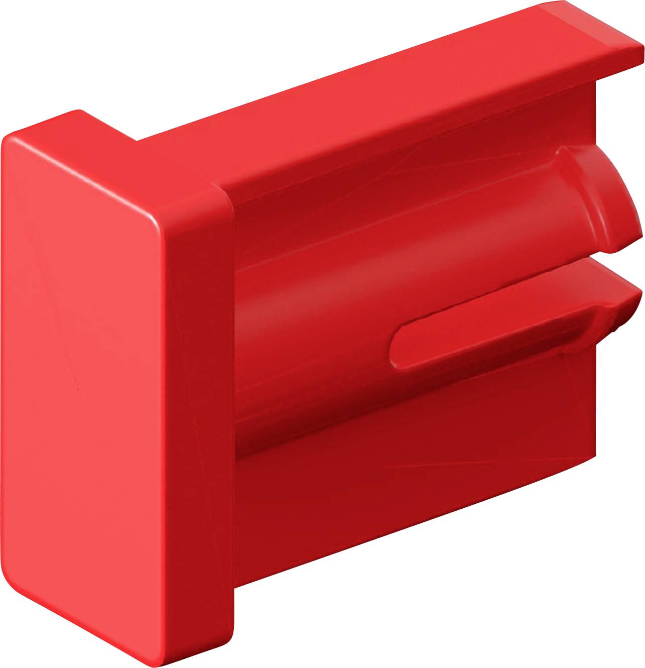 A red plastic clip with a rectangular shape, featuring a flat side and a groove for attachment or holding items securely in place.