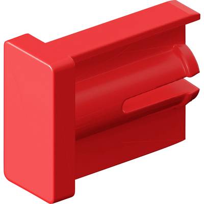 A red plastic clip with a rectangular shape, featuring a flat side and a groove for attachment or holding items securely in place.