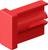 A red plastic clip with a rectangular shape, featuring a flat side and a groove for attachment or holding items securely in place.