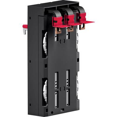 'Three-pole circuit breaker in black, with red handles, used for electrical power distribution and protection.'