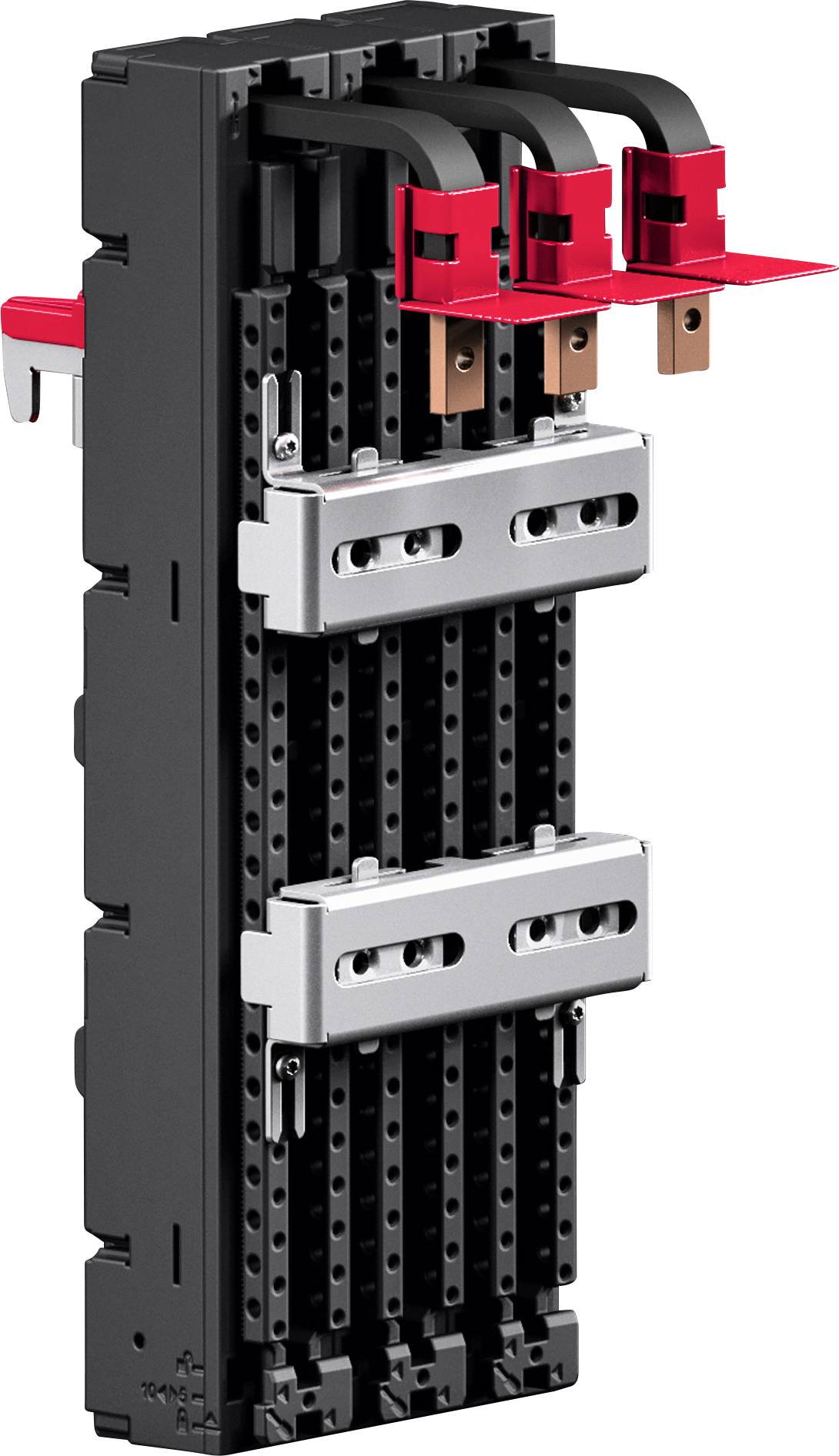 An electrical distribution unit with modular components, featuring black and red fittings, used for organizing and connecting power circuits.