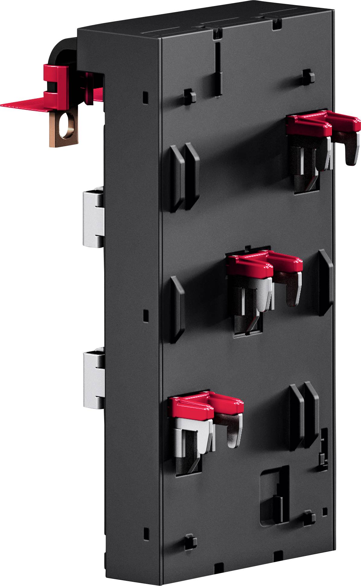 'Black electrical panel with red switch connectors and copper terminals, designed for power distribution and circuit protection.'