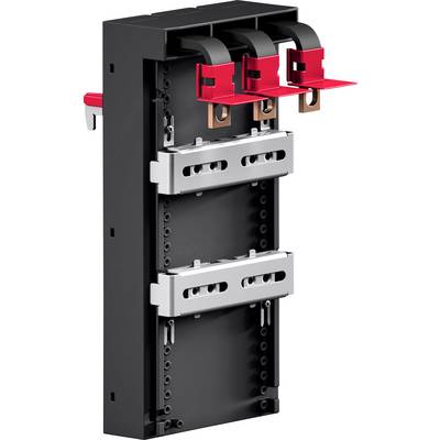 Electrical panel component with three red switch levers and busbars, designed for circuit connection and distribution.