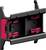 A black and red plastic mount holder designed for securing a device or object, featuring adjustable clips and a sturdy frame.