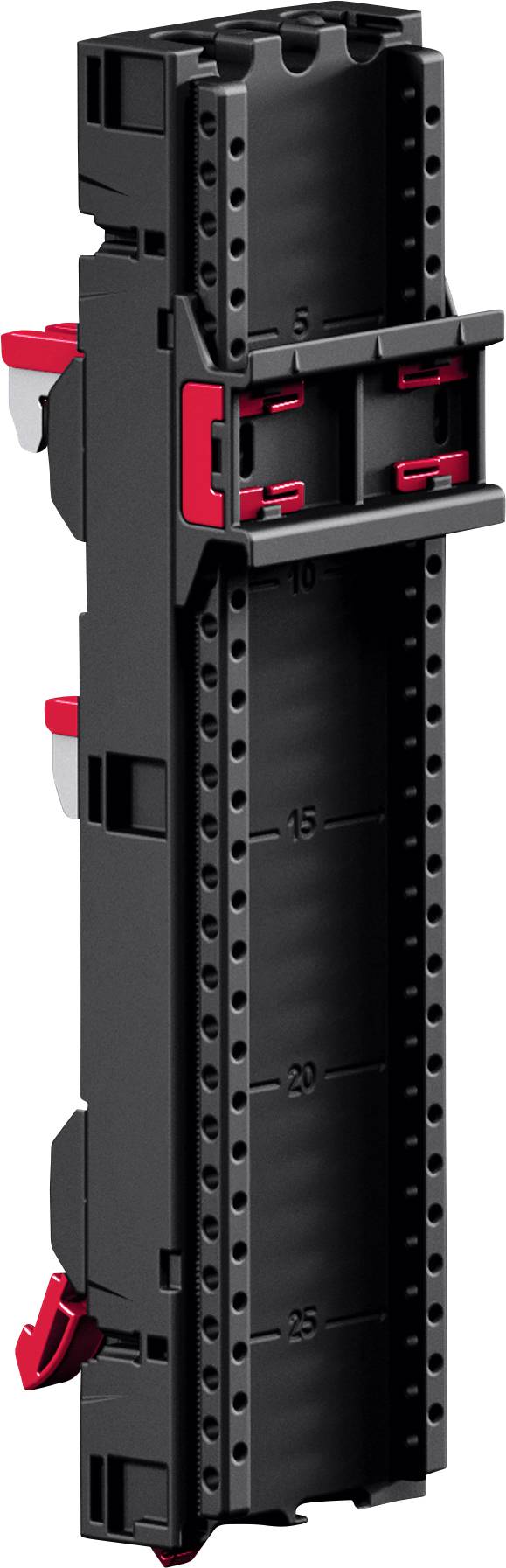 A black plastic mounting panel with red clips, featuring numbered slots from 5 to 25.