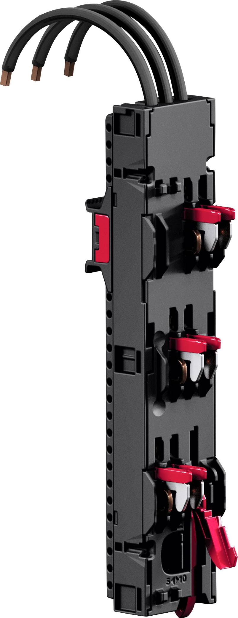 A black electrical circuit breaker with red switches and copper wire connections, designed for protecting electrical circuits.